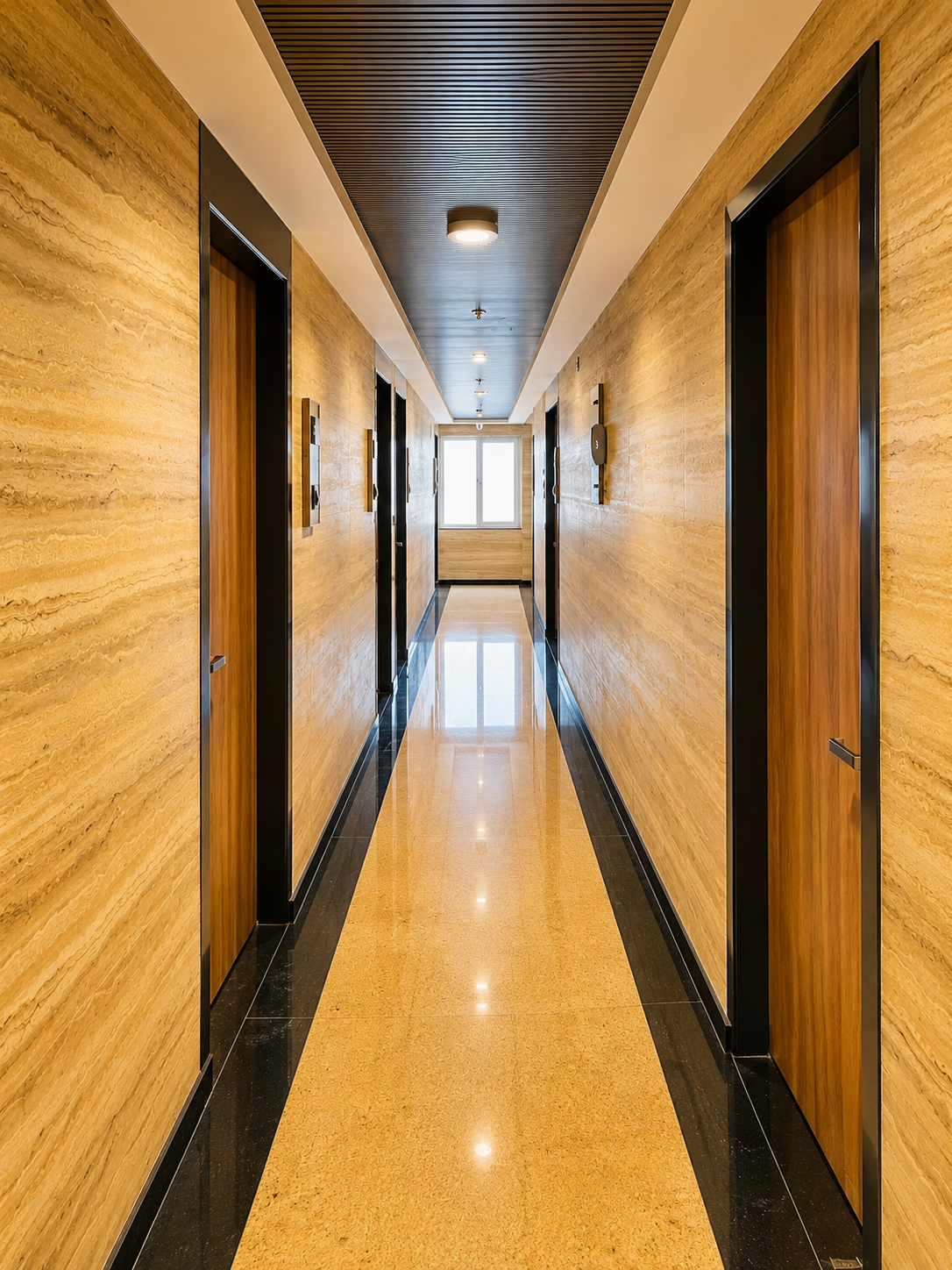 Hotel corridor with polished marble floors and wood-panelled doors