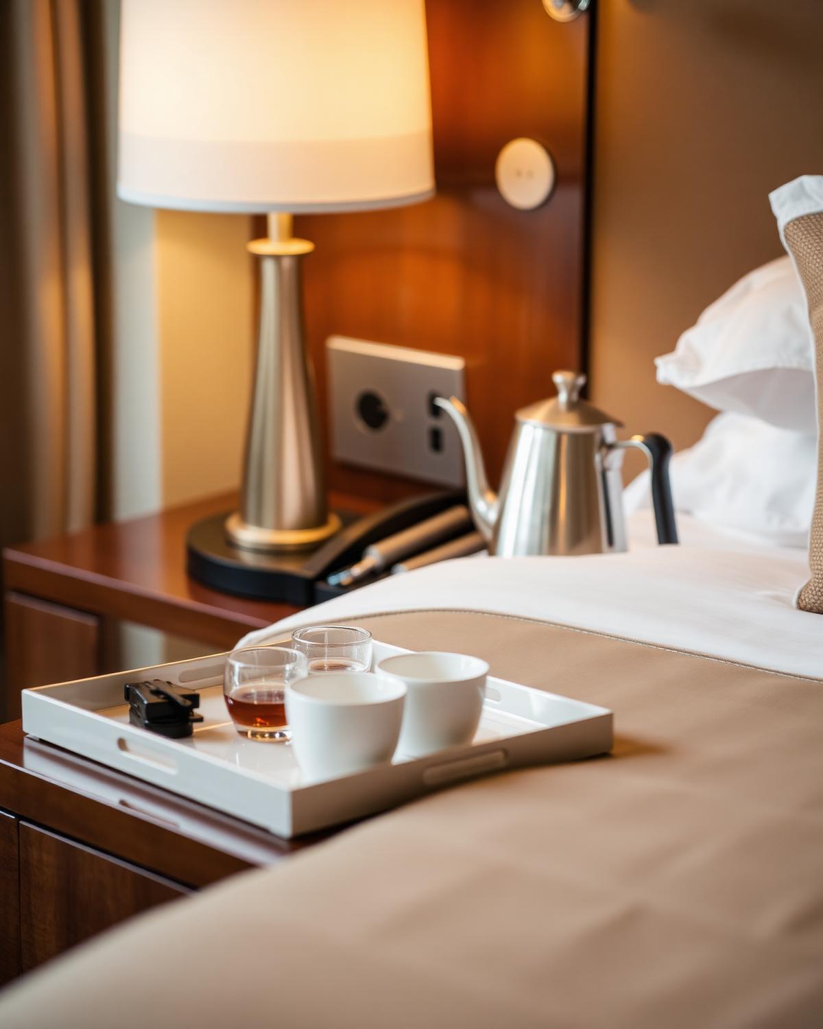 Bedside tray with electric kettle and tea service